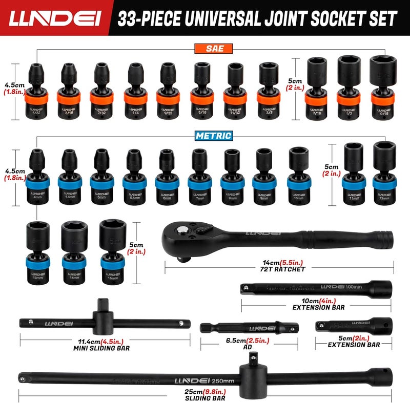 LLNDEI 1/4-Inch Drive Swivel Socket Set, 32 Pieces Standard SAE(5/32 to 9/16") Metric Size(4-15mm) CR-MO Wobble Sockets, 6 Point with Ratchet Wrench Handle, Extension Bars and Adapter - Image 2